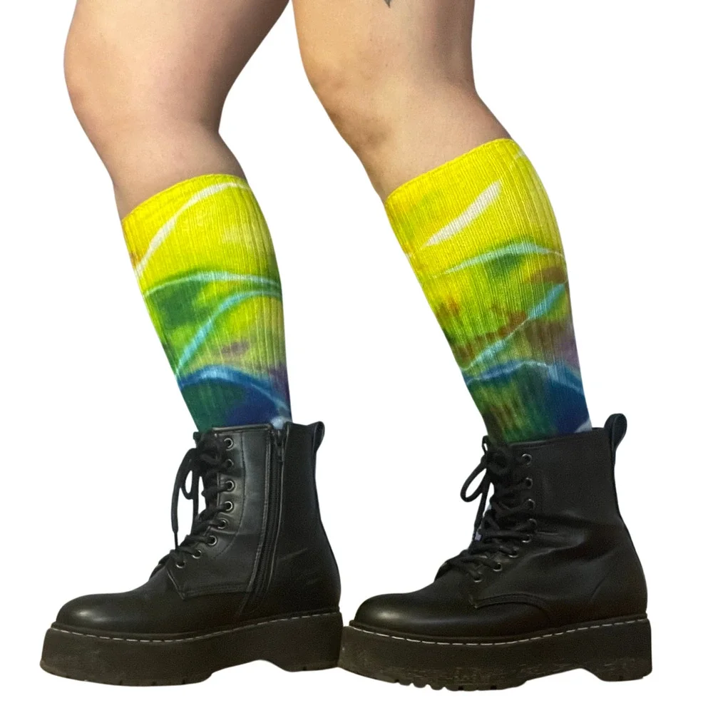 Ice Dyed Bamboo Socks - Tie Dye Stockings - Rainbow Red Yellow Green (One Size)